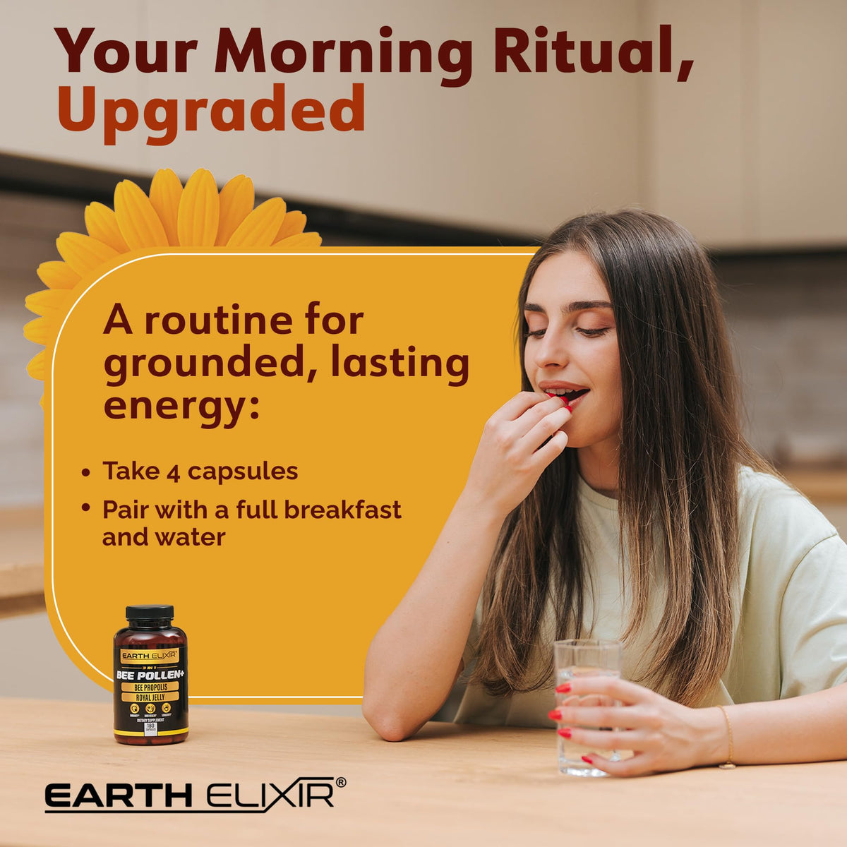 Earth Elixir Pollen d'Abeille 3-en-1 capsules ouvertes montrant le contenu