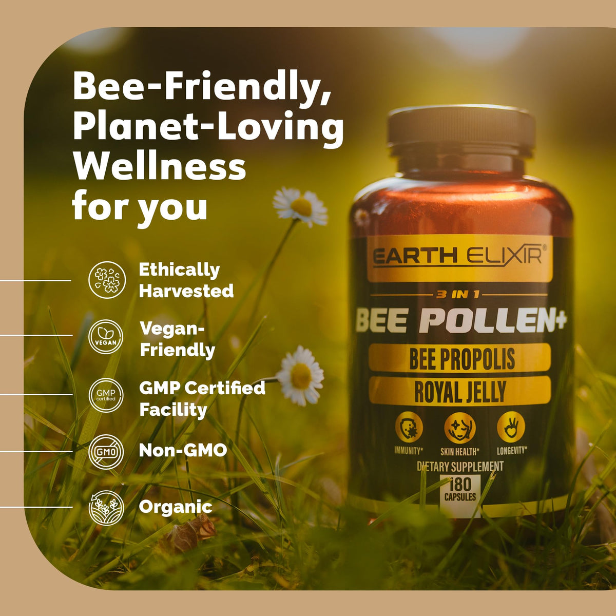 Earth Elixir Pollen d'Abeille 3-en-1 packaging avec détails