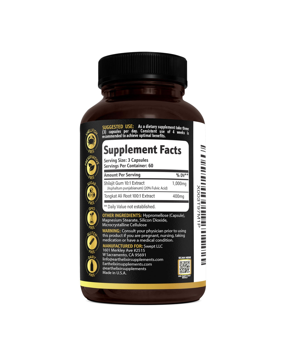 Earth Elixir Shilajit et Tongkat Ali capsules dans un environnement naturel