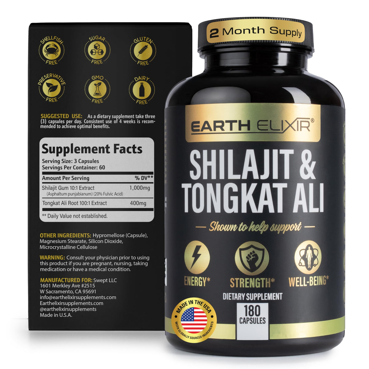 Earth Elixir Shilajit et Tongkat Ali capsules vue de dos