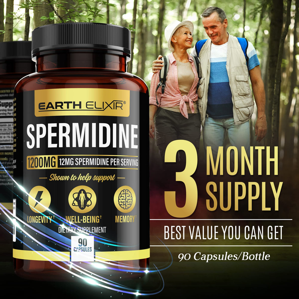 Earth Elixir Spermidine capsules sur une surface en bois