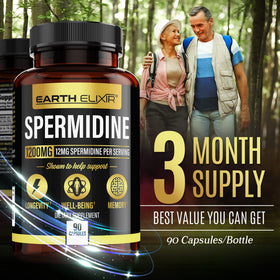 Earth Elixir Spermidine capsules sur une surface en bois