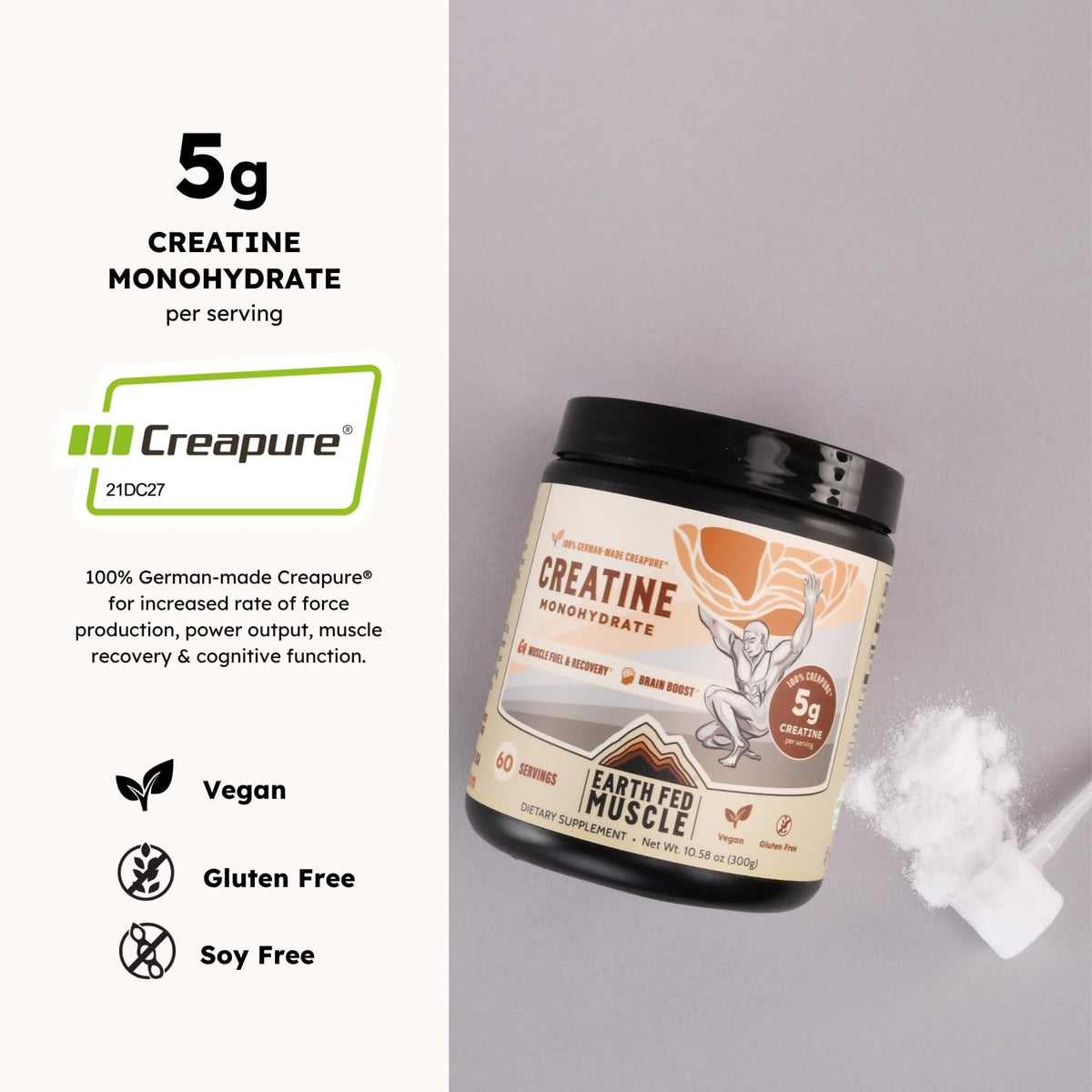 Earth Fed Muscle Créatine Monohydrate 300g en poudre dans un verre d'eau