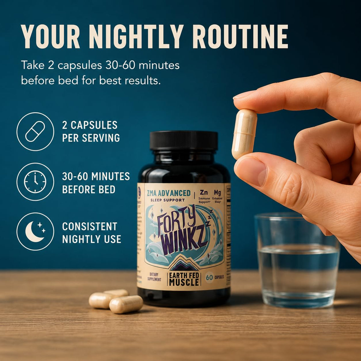 Earth Fed Muscle Forty Winkz ZMA 60 capsules avec flacon ouvert