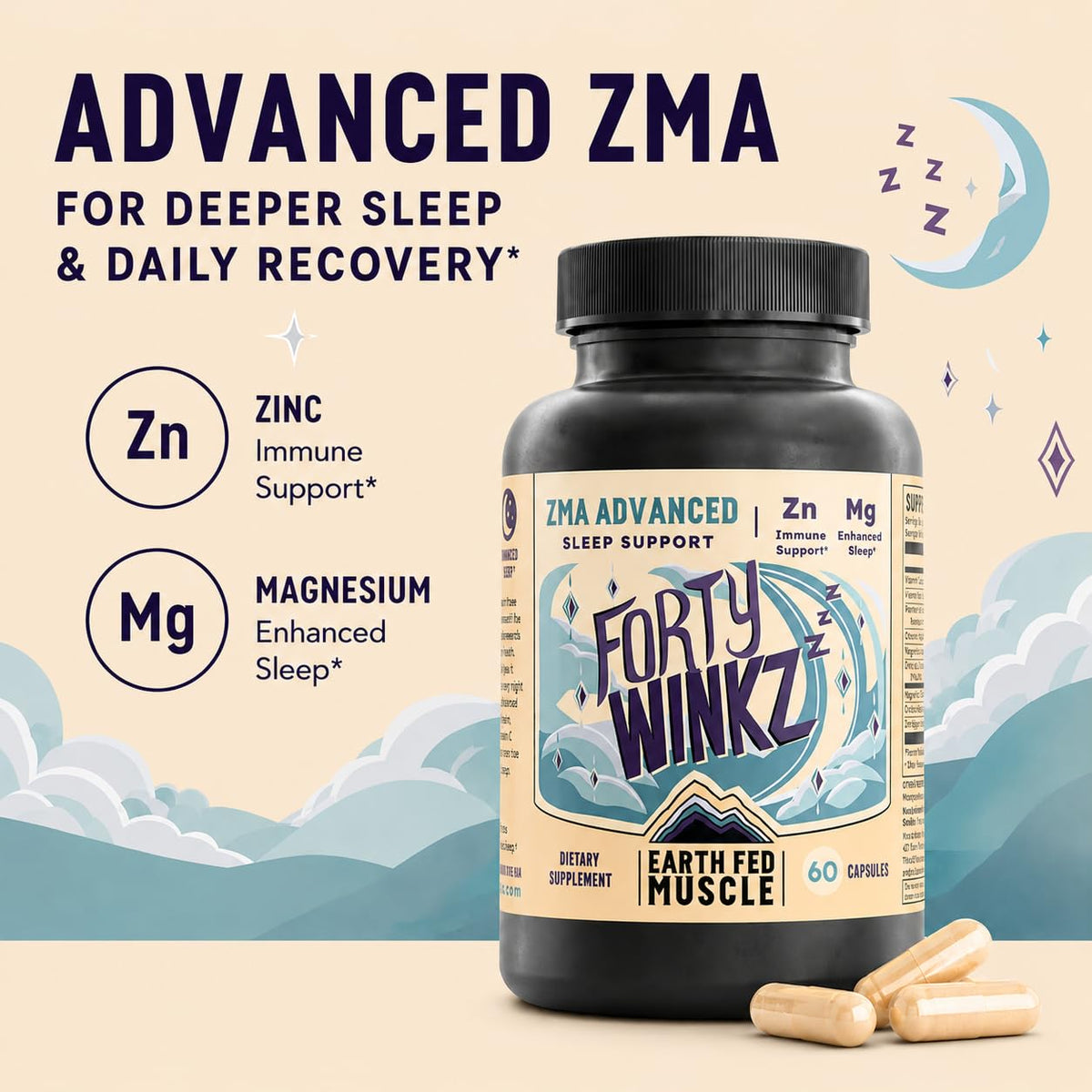 Earth Fed Muscle Forty Winkz ZMA 60 capsules côté droit