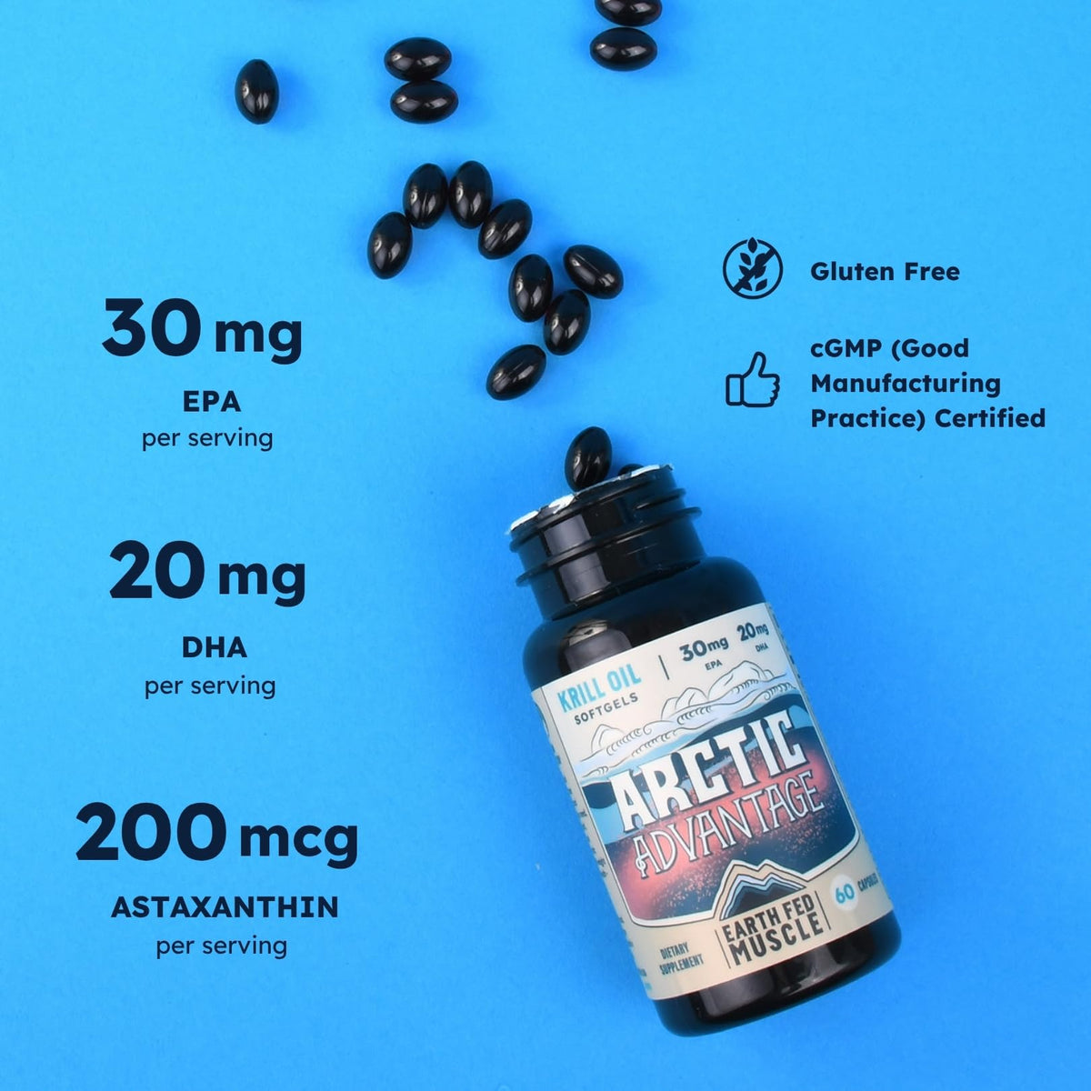 Earth Fed Muscle Huile de Krill Arctic Advantage 500mg capsules back view