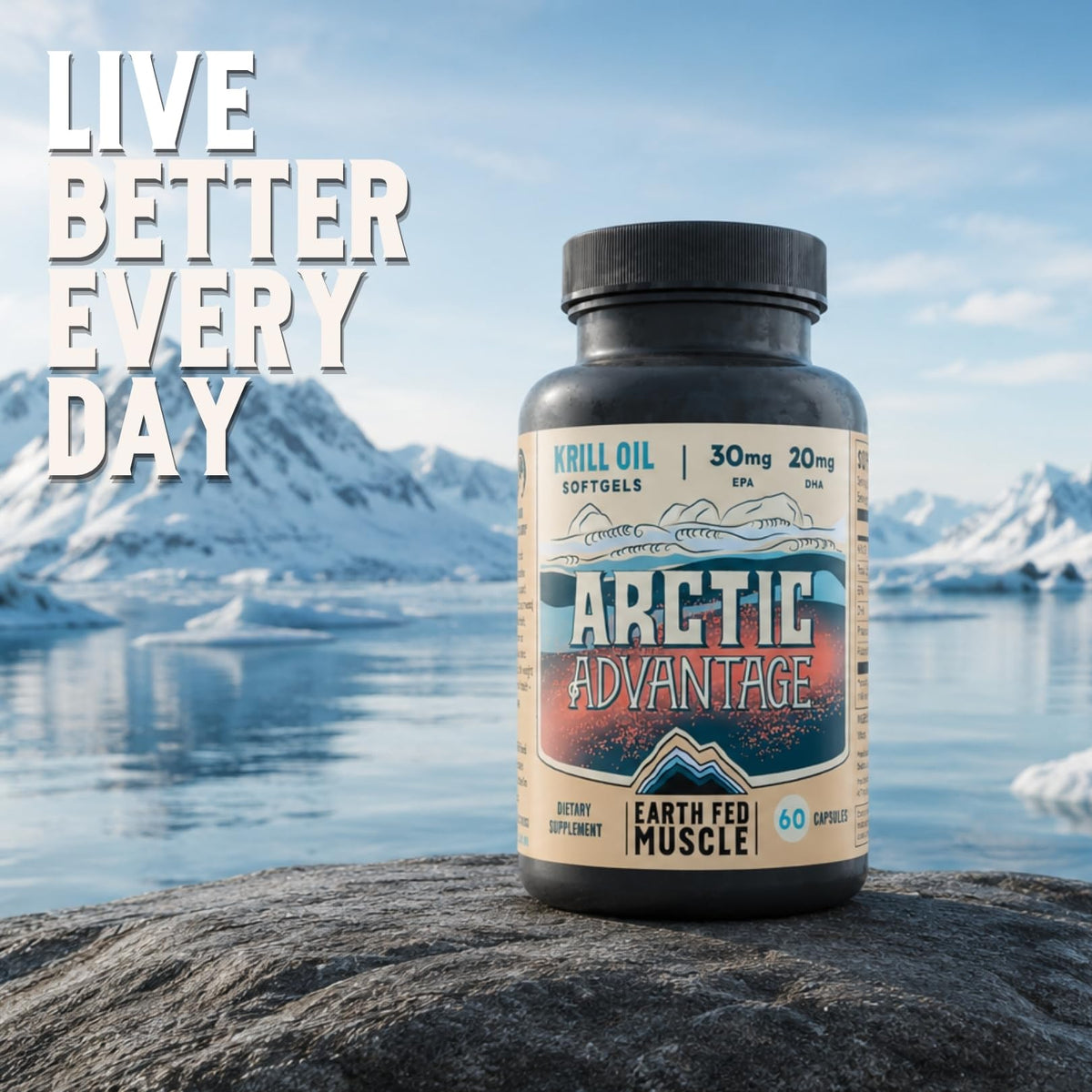 Earth Fed Muscle Huile de Krill Arctic Advantage capsules on a wooden table