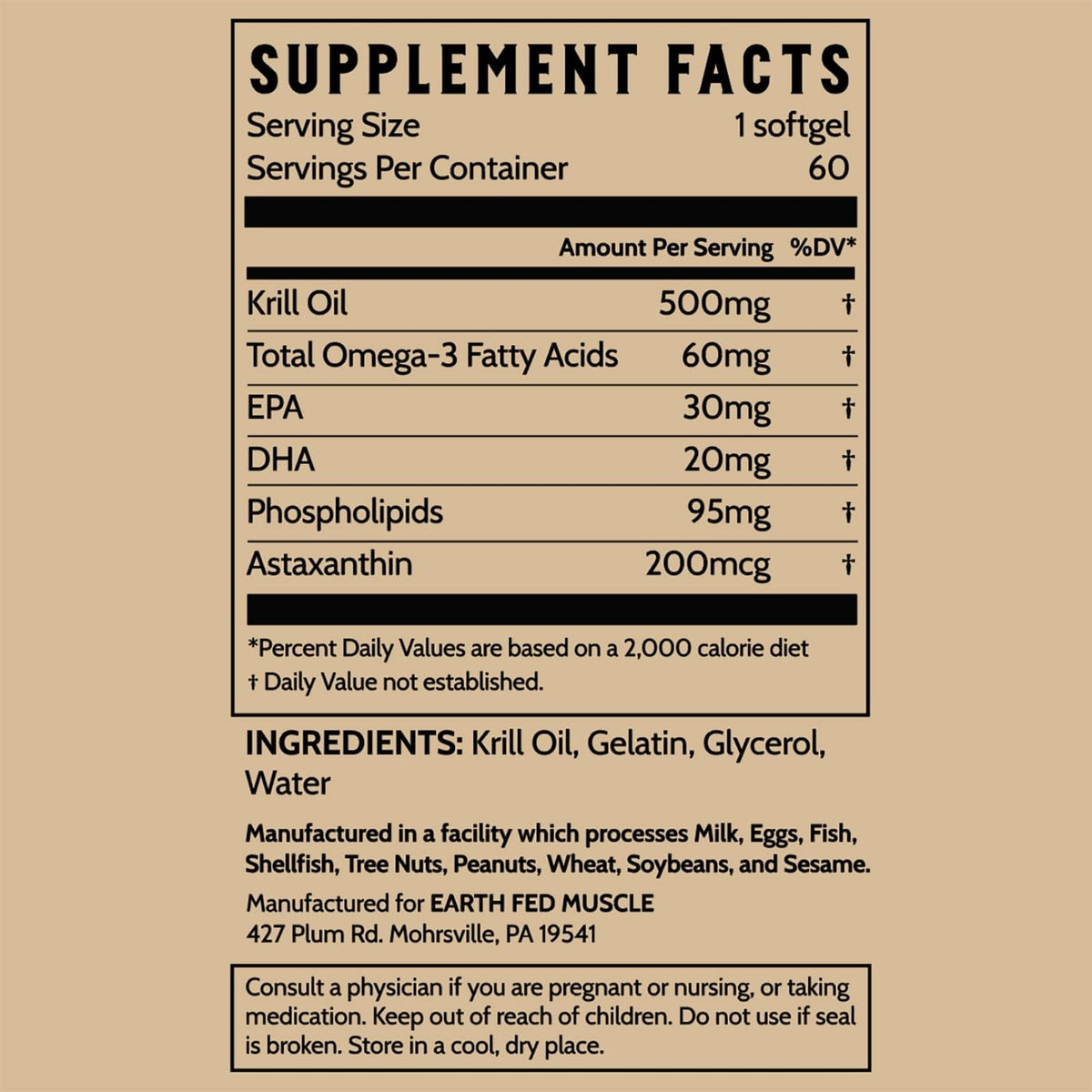Earth Fed Muscle Huile de Krill Arctic Advantage capsules with a glass of water