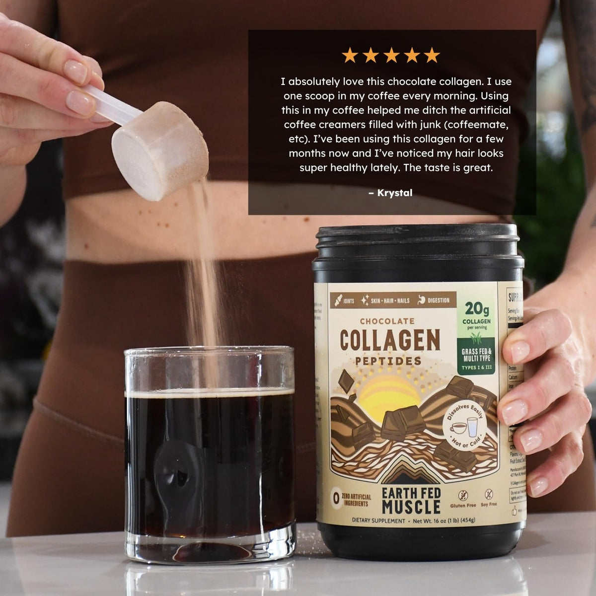 Earth Fed Muscle Poudre de Collagène Chocolat 522g avec cuillère doseuse