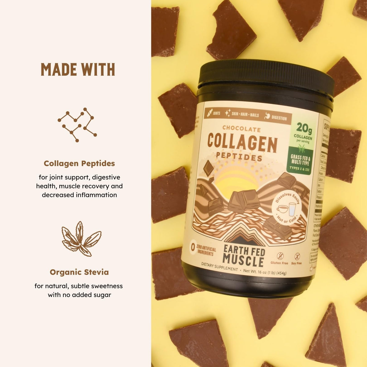 Earth Fed Muscle Poudre de Collagène Chocolat 522g en préparation de boisson