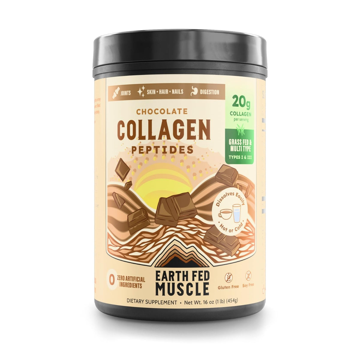 Earth Fed Muscle Poudre de Collagène Chocolat 522g vue de face