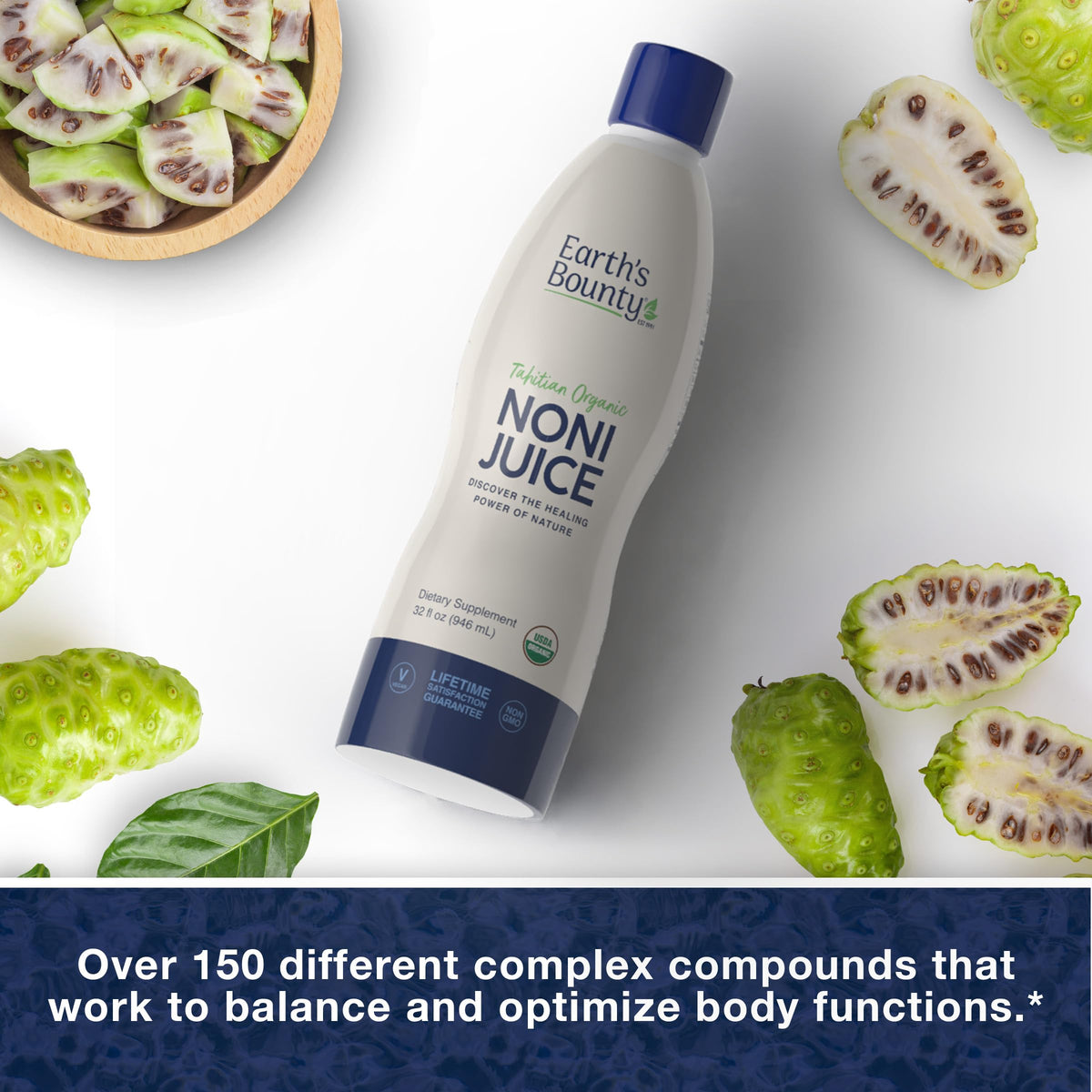 Earth's Bounty Jus de Noni Bio Tahitien avec arrière-plan nature
