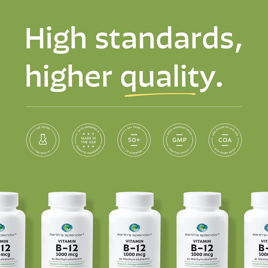 Earth's Splendor Vitamine B12 1000mcg tablettes sur une surface blanche