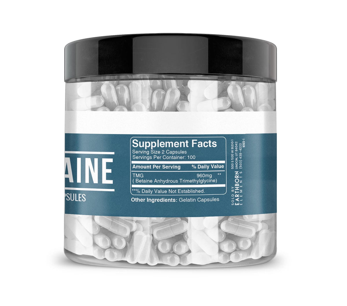 Earthborn Elements 200 capsules TMG à l'intérieur de l'emballage