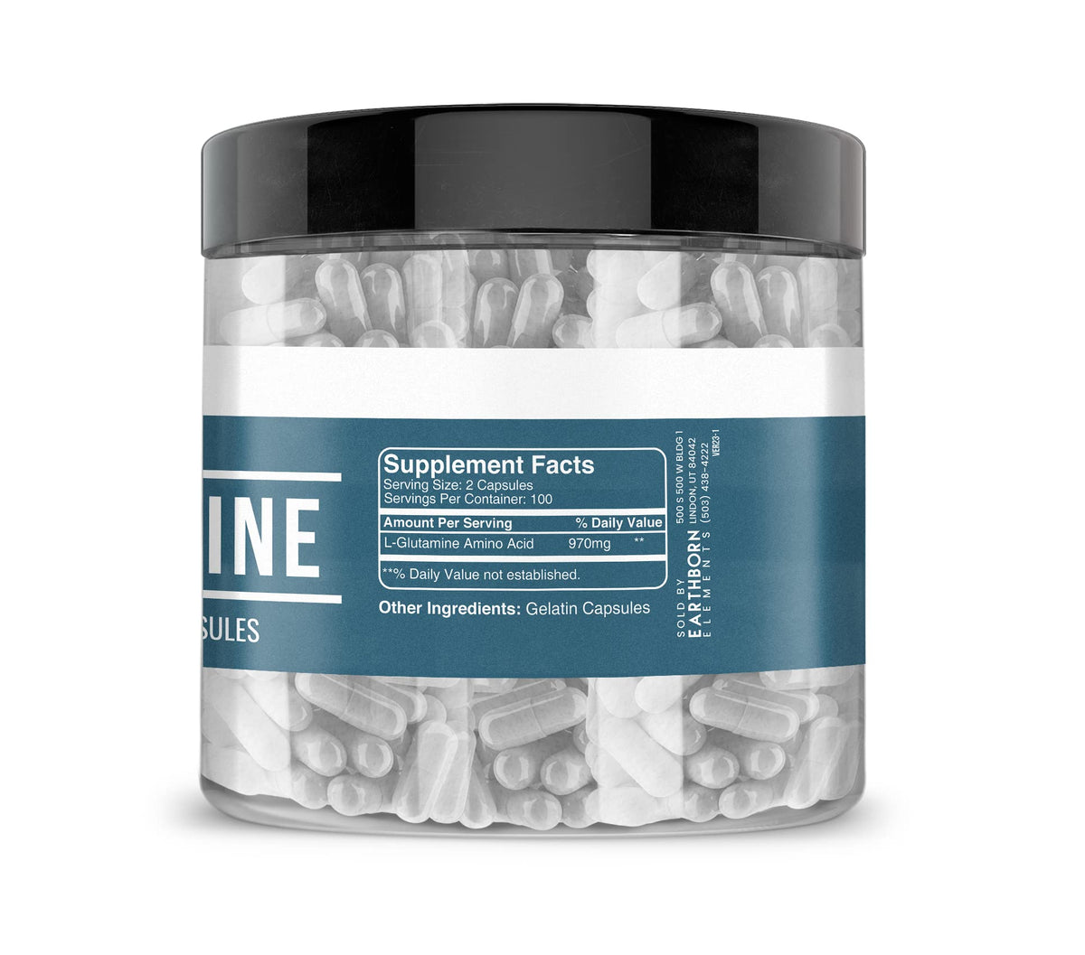 Earthborn Elements L-Glutamine capsules à côté d'un verre d'eau