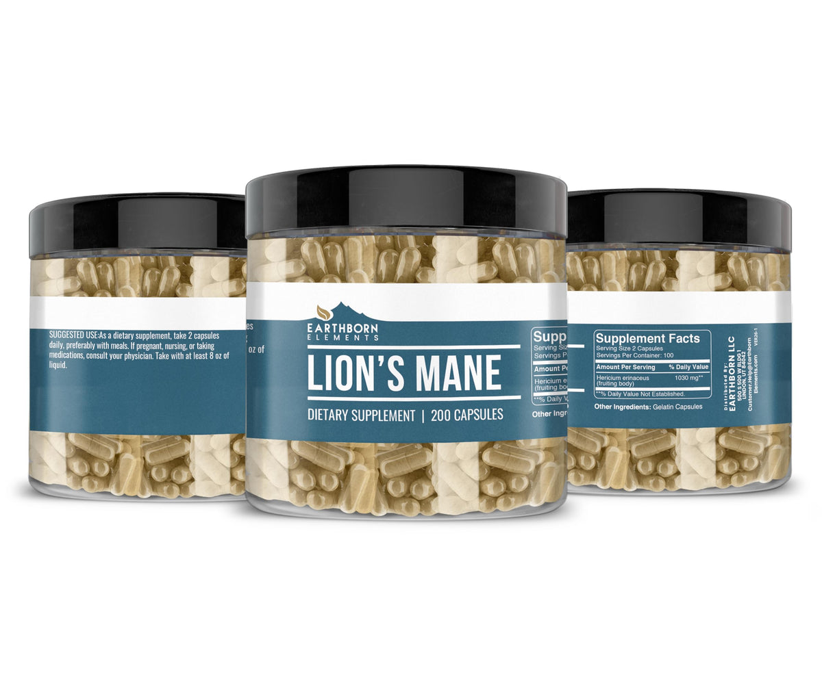 Earthborn Elements Lion’s Mane capsules side view