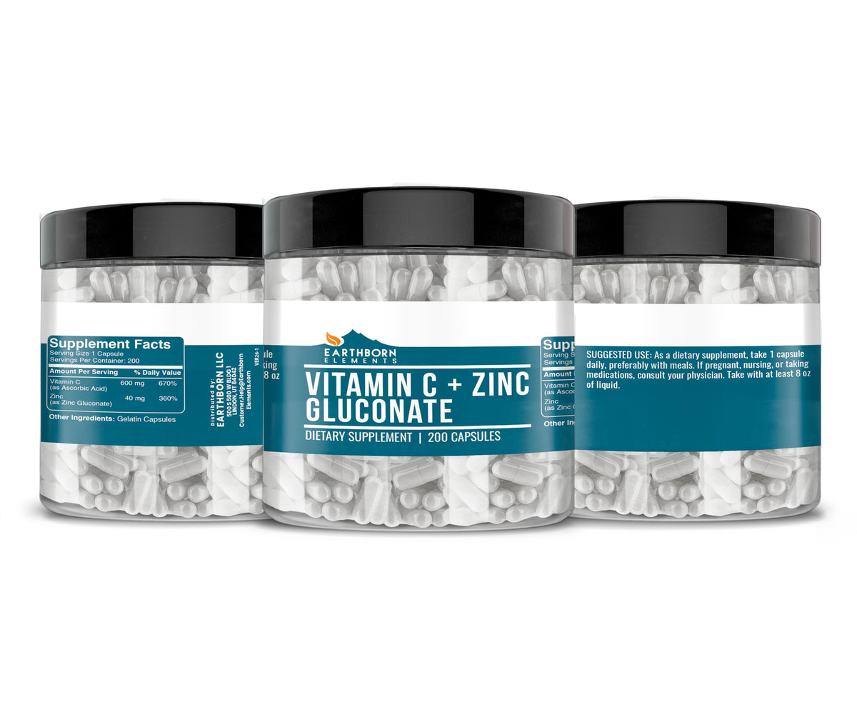 Earthborn Elements Vitamine C + Zinc Gluconate 200 Capsules vue de dessus
