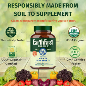 EarthFirst Organic Multivitamine 50+ comprimés bio dans un verre