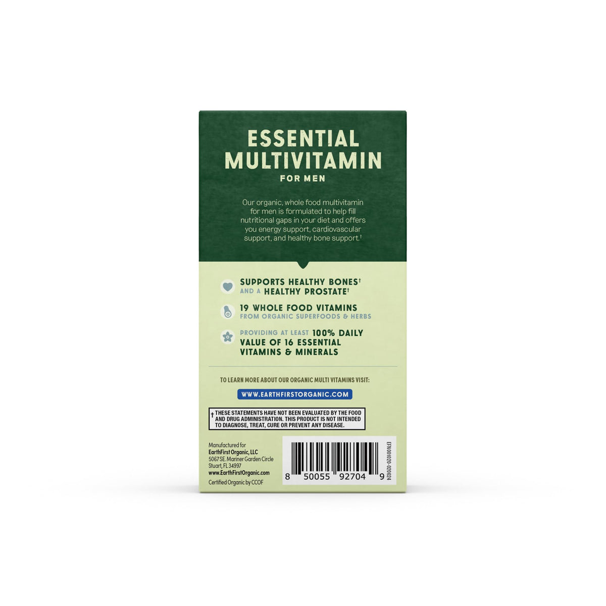 EarthFirst Organic Multivitamine Homme avec des aliments sains en arrière-plan