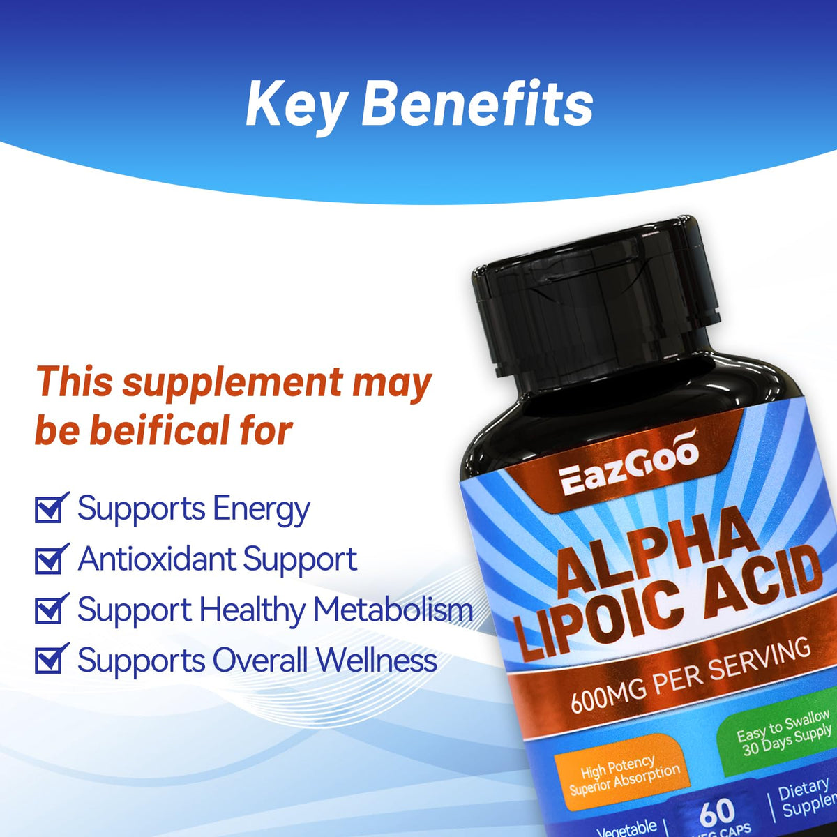 EAZGOO Acide Alpha Lipoïque 600 mg capsules avec un verre d'eau