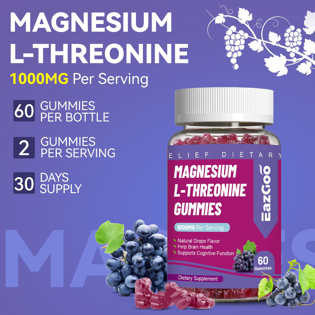 EAZGOO Gummies au Thréonate de Magnésium 1000mg, texture douce