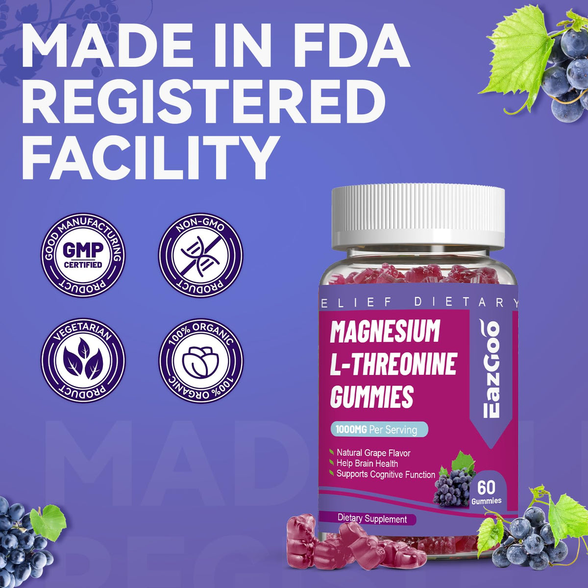 EAZGOO Gummies au Thréonate de Magnésium 1000mg, vue de côté
