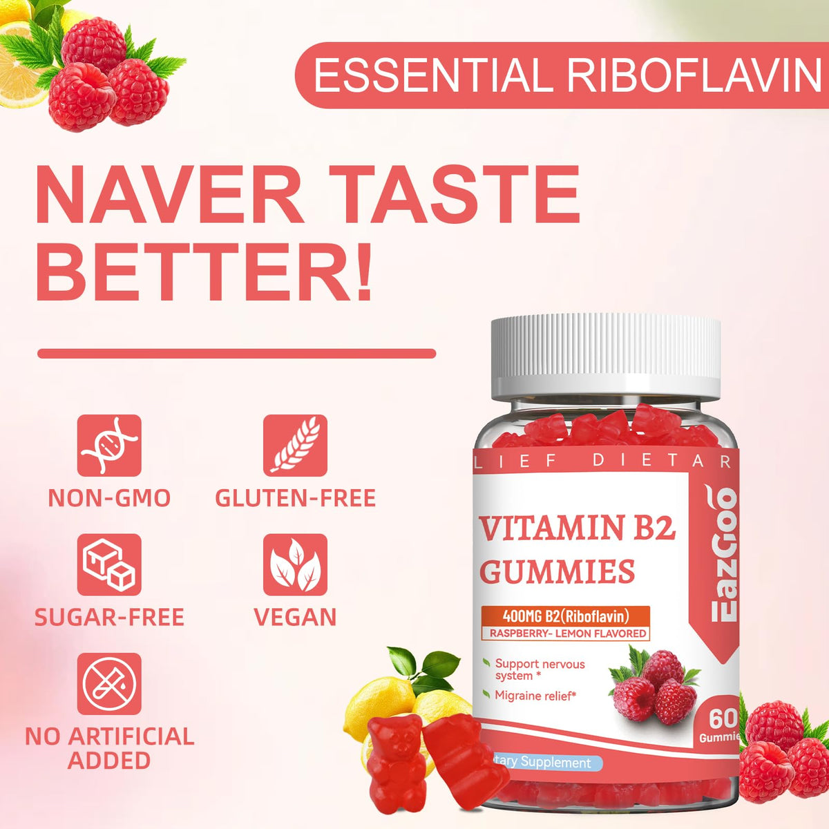 EAZGOO Gummies B2 400mg Riboflavine sur une table en bois