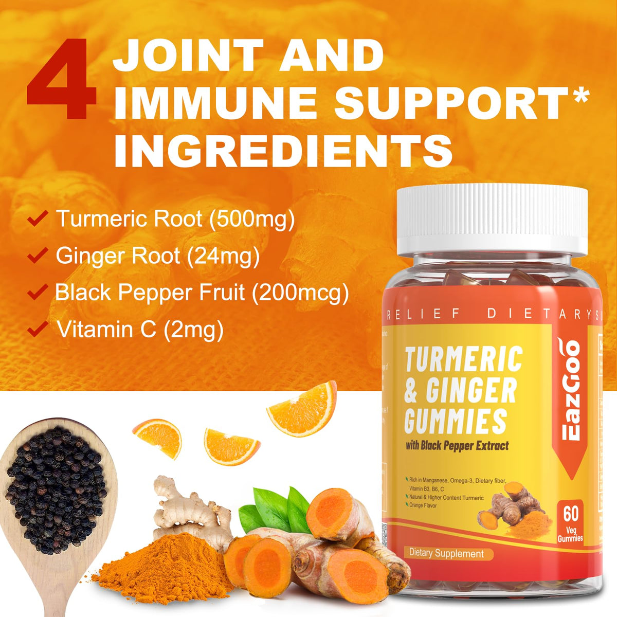 EAZGOO Gummies de Curcuma 500mg, gummies orange sur fond blanc