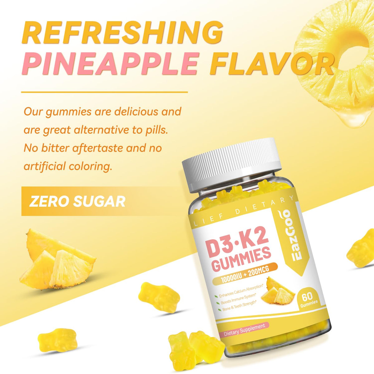 EAZGOO Gummies Vitamine D3 K2 10000 IU 60 Comprimés - gummies au goût ananas