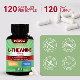 EAZGOO L-Théanine 200mg sur une table avec des éléments naturels