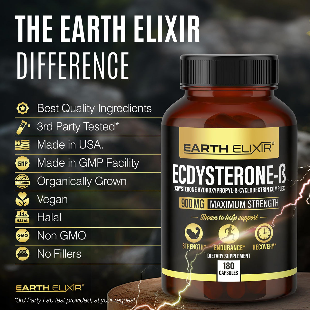 Ecdystérone Earth Elixir avec d'autres compléments alimentaires en arrière-plan