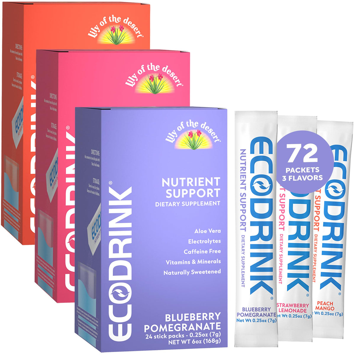 Eco Drink EcoDrink 24 Stick Packs vue avant avec sachets colorés