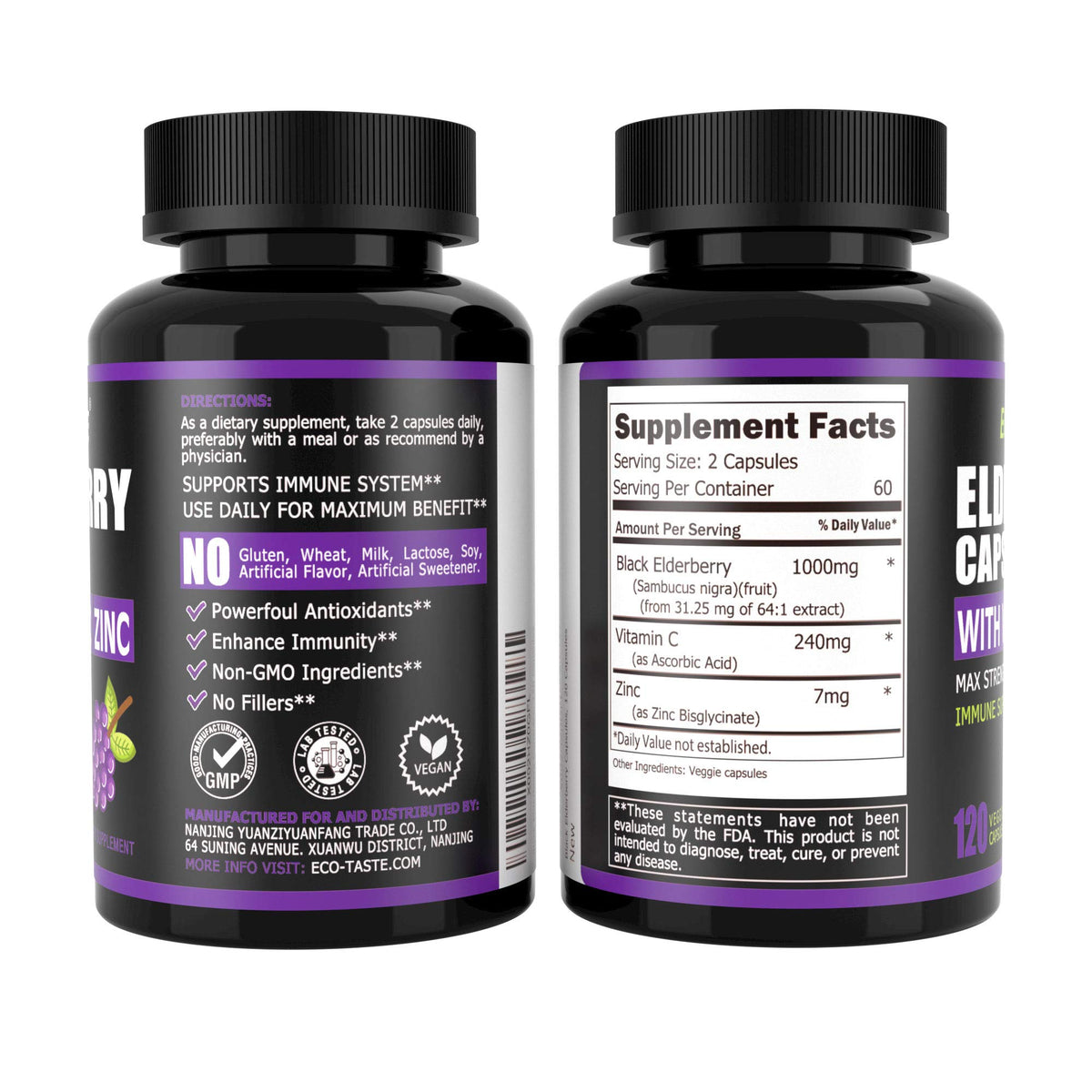 ECO-TASTE Capsules de Sureau Noir avec Zinc et Vitamine C, vue latérale