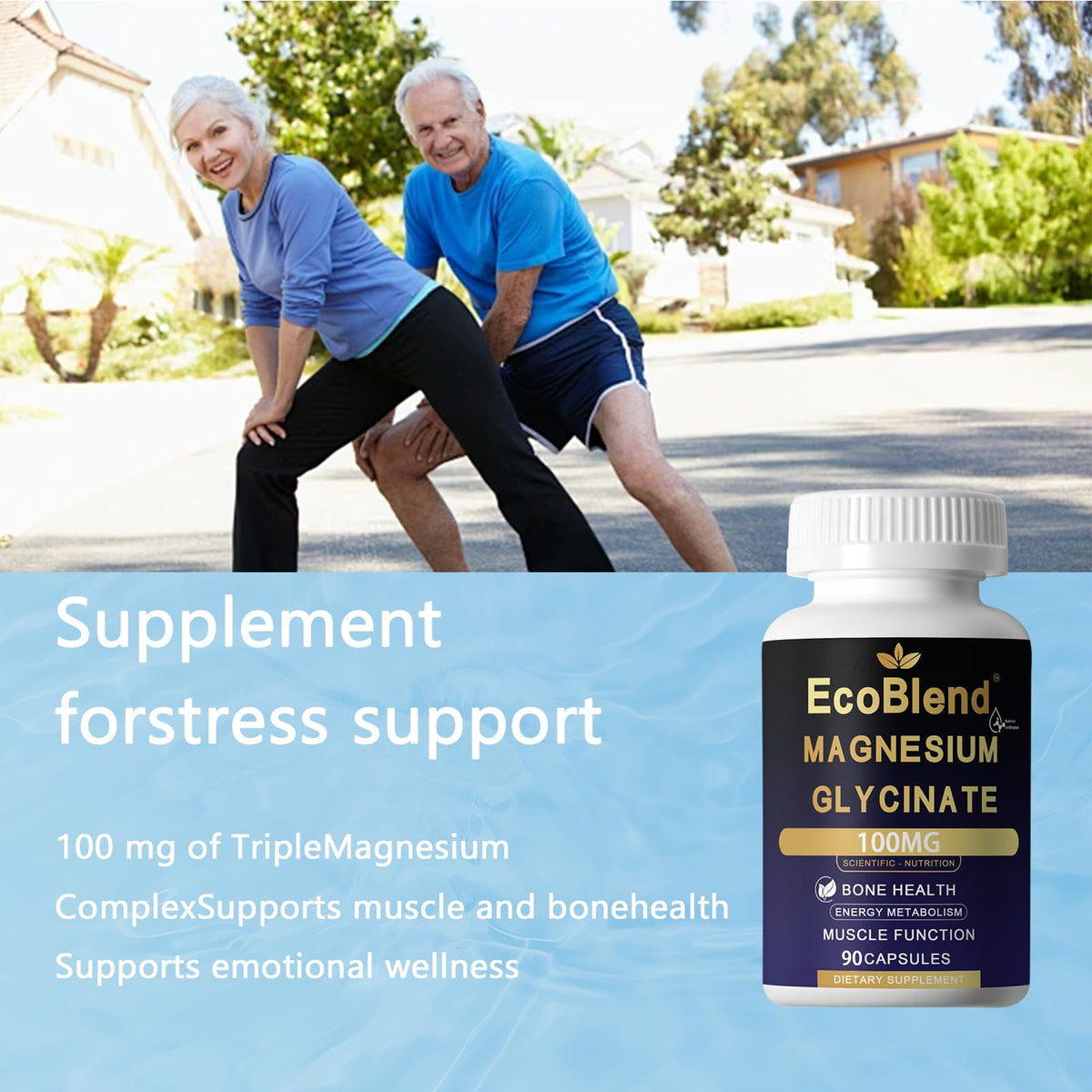EcoBlend Glycinate de Magnésium 100mg capsules avec verre d'eau