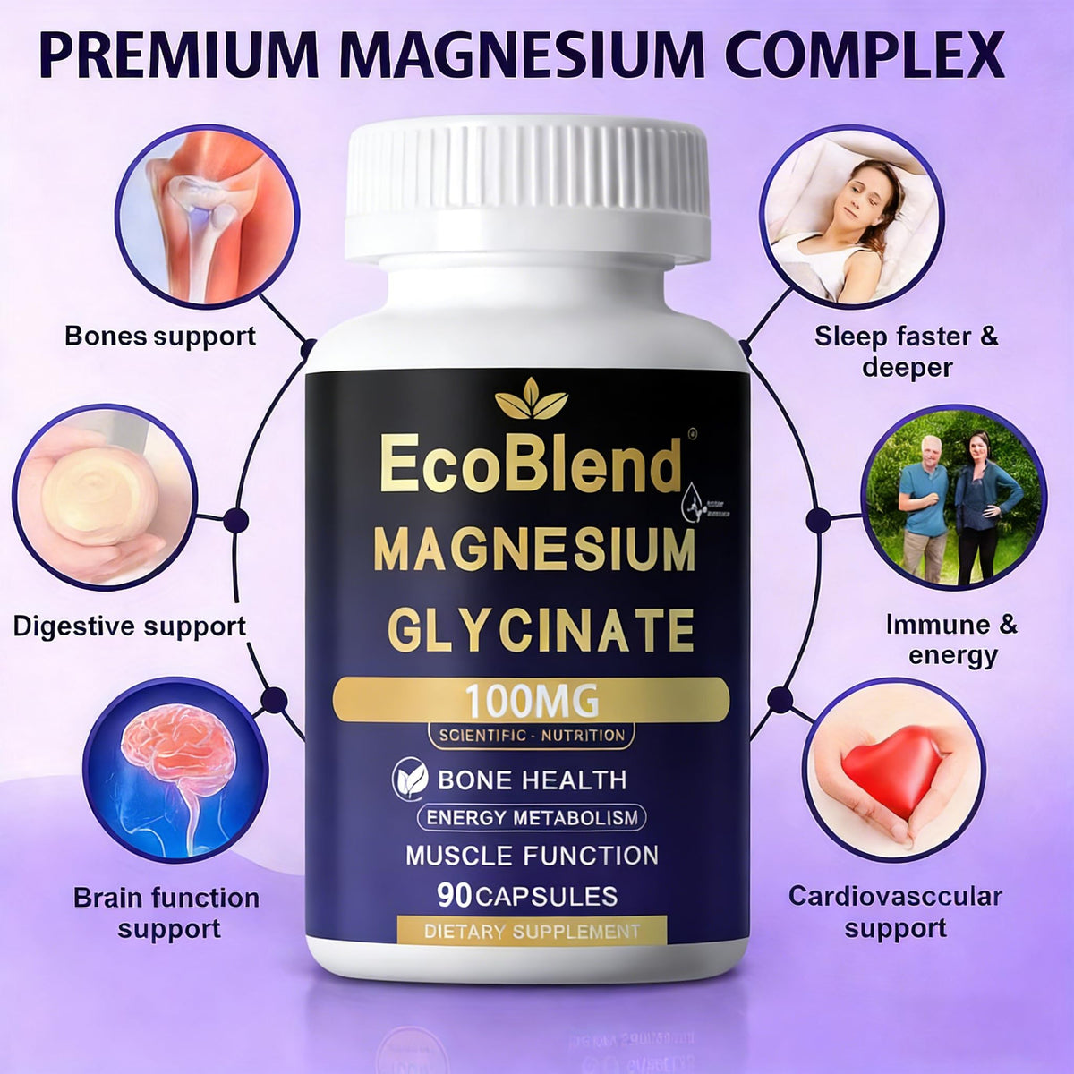 EcoBlend Glycinate de Magnésium 100mg capsules en gros plan