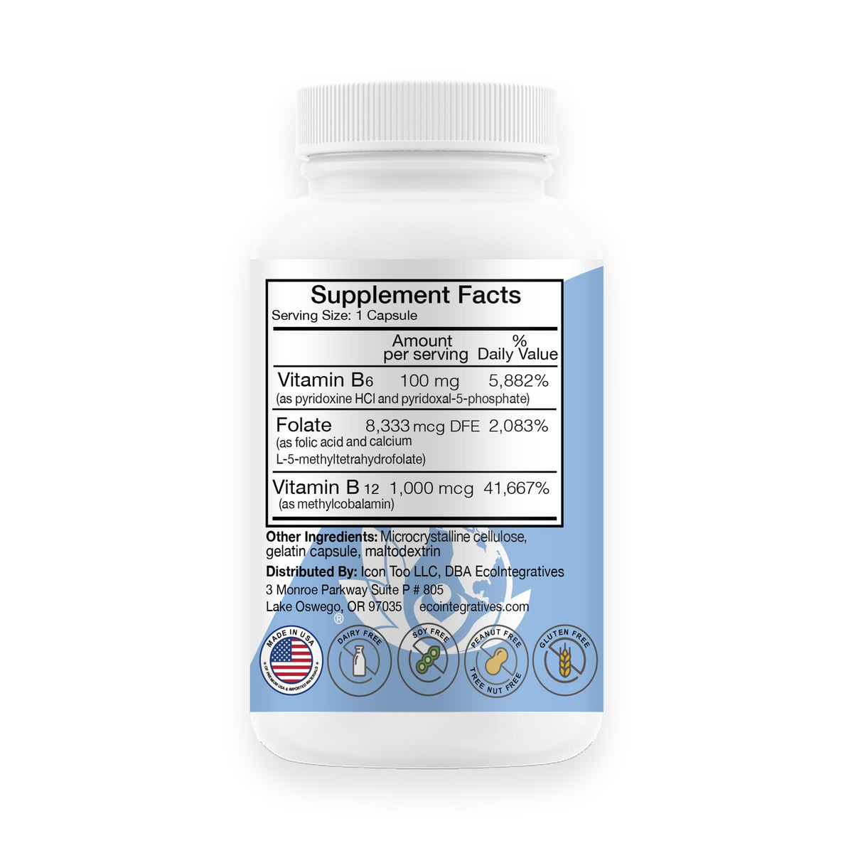 EcoIntegratives Complexe de Vitamines B6, B9 et B12 - vue arrière du produit