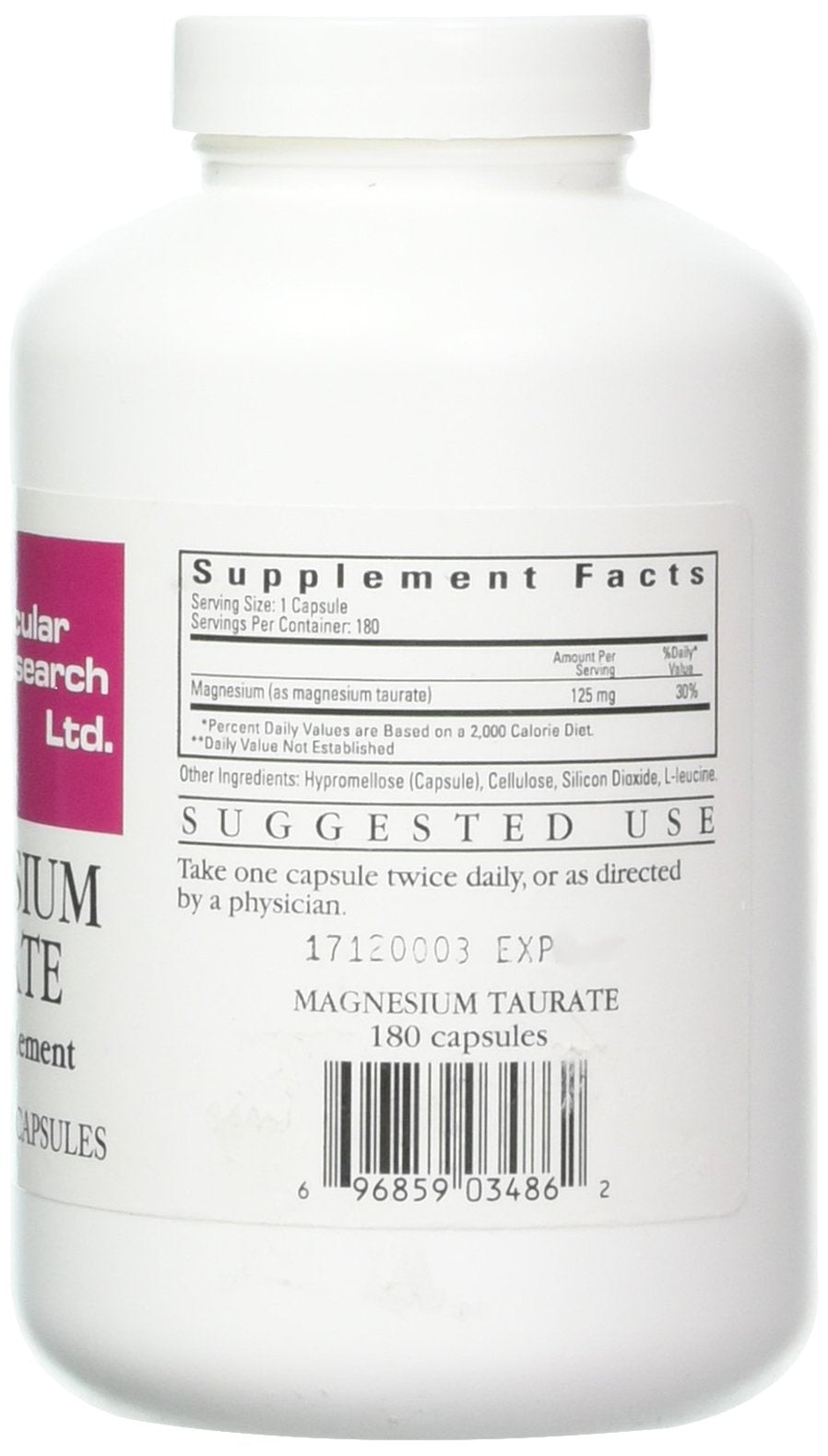 Ecological Formulas Magnésium Taurate 125 mg 180 capsules arrière avec étiquette