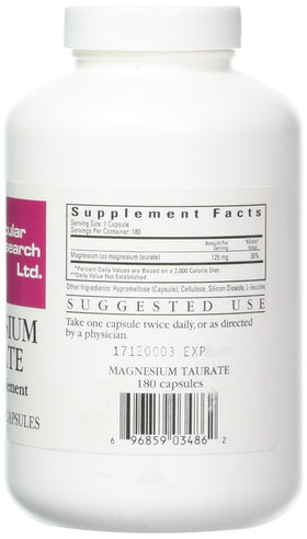 Ecological Formulas Magnésium Taurate 125 mg 180 capsules arrière avec étiquette