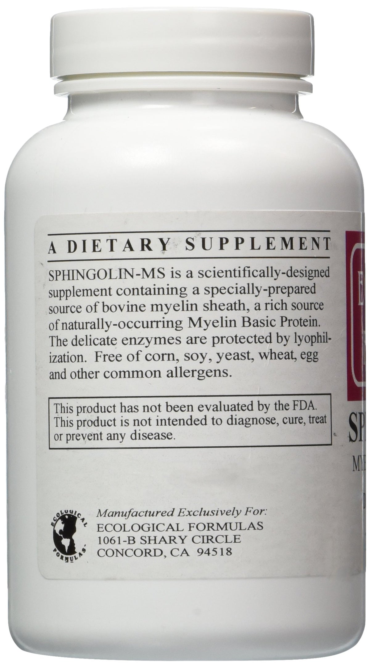 Ecological Formulas Sphingolin 200 mg, emballage et informations nutritionnelles