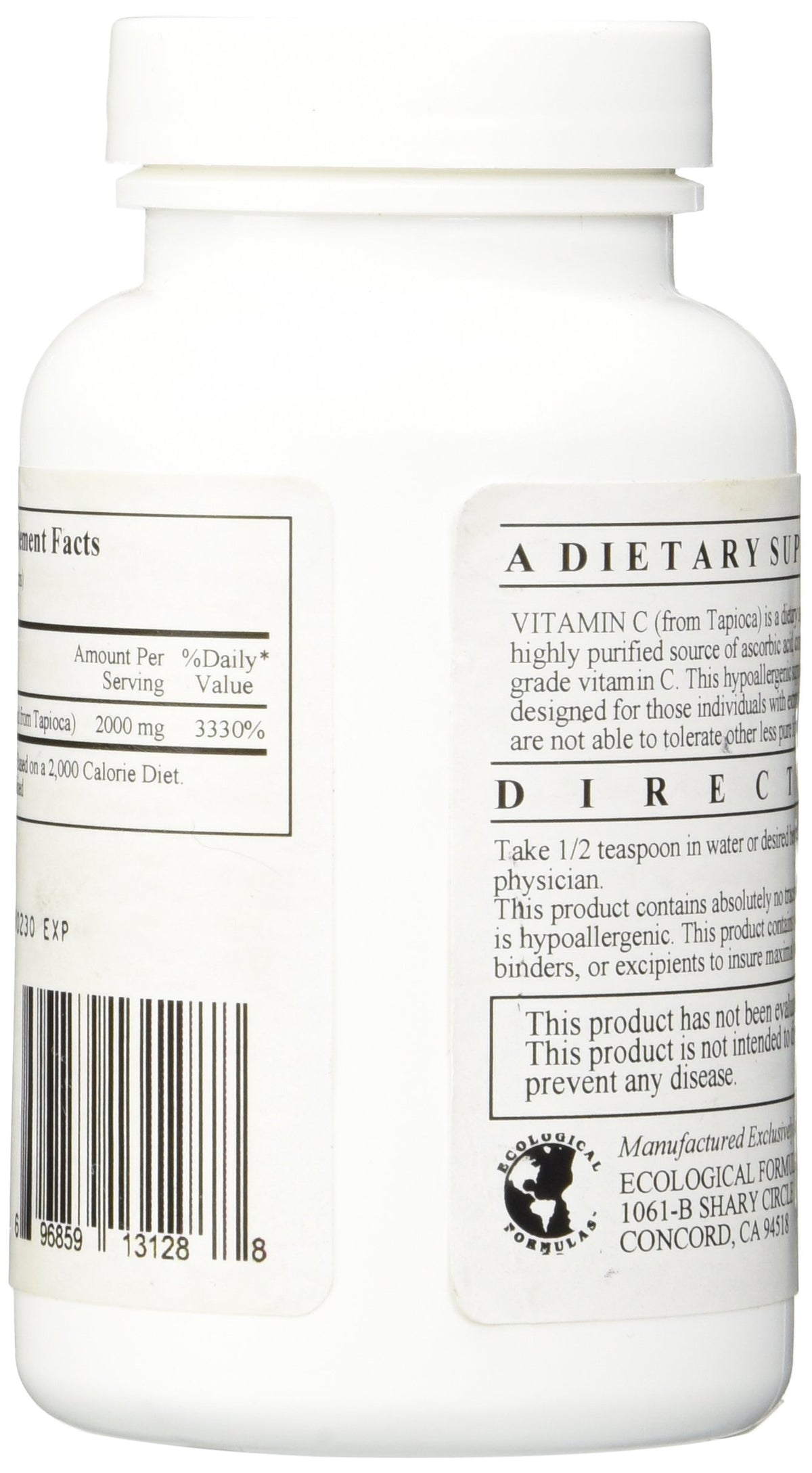 Ecological Formulas Vitamine C 150 g, vue de l'emballage avec dimensions