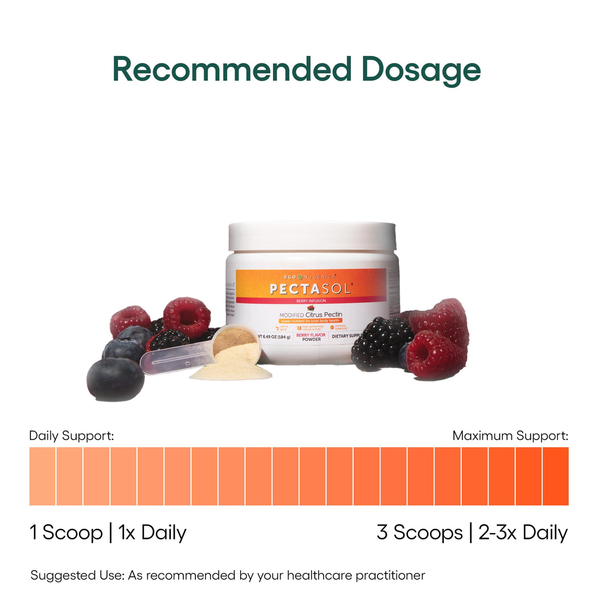 EcoNugenics PectaSol Pectine d'Agrumes Modifiée 184g Poudre Berry sur un fond naturel