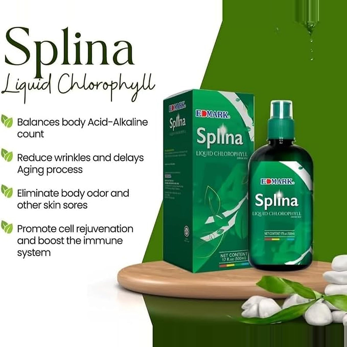 EDMARK Splina Chlorophylle Liquide 500ml - bouteille sur une table
