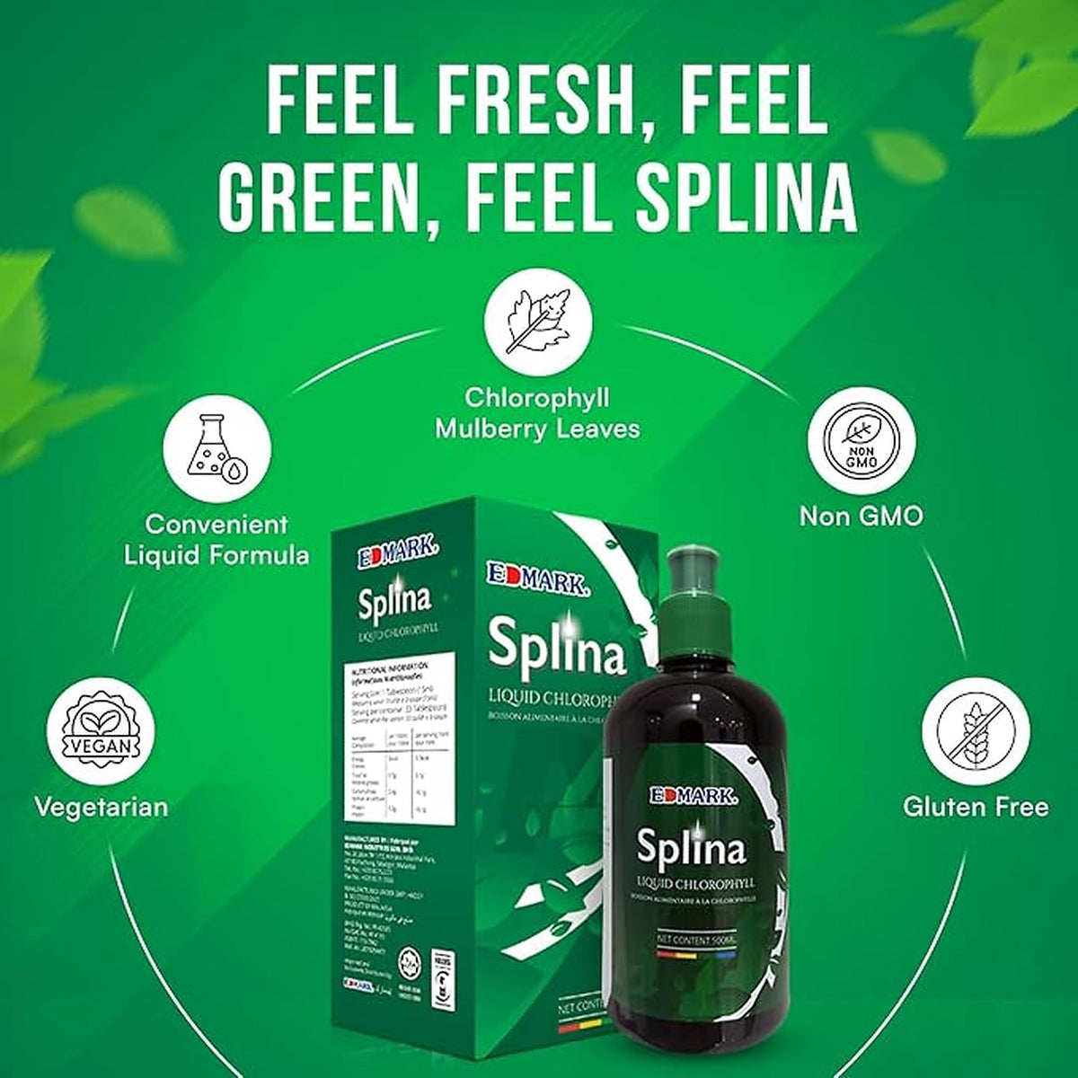 EDMARK Splina Chlorophylle Liquide 500ml - vue latérale de la bouteille
