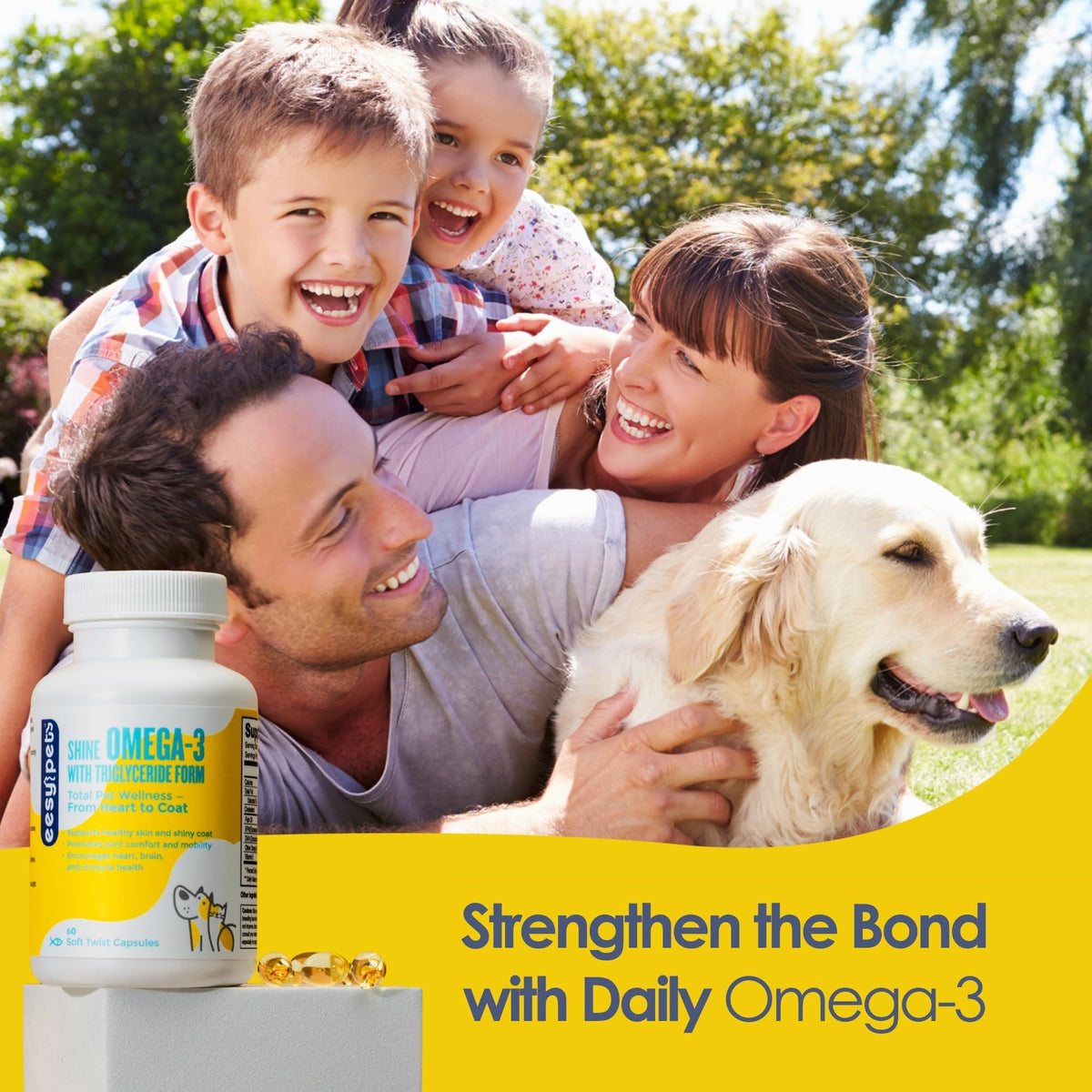 EESY PET Omega-3 capsules avec un bol de nourriture pour animaux