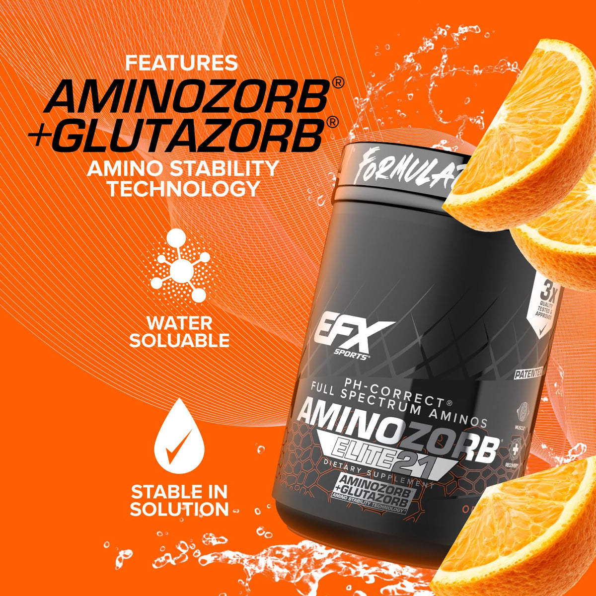 EFX Sports Aminozorb Elite 21 ingrédients listés sur l'emballage