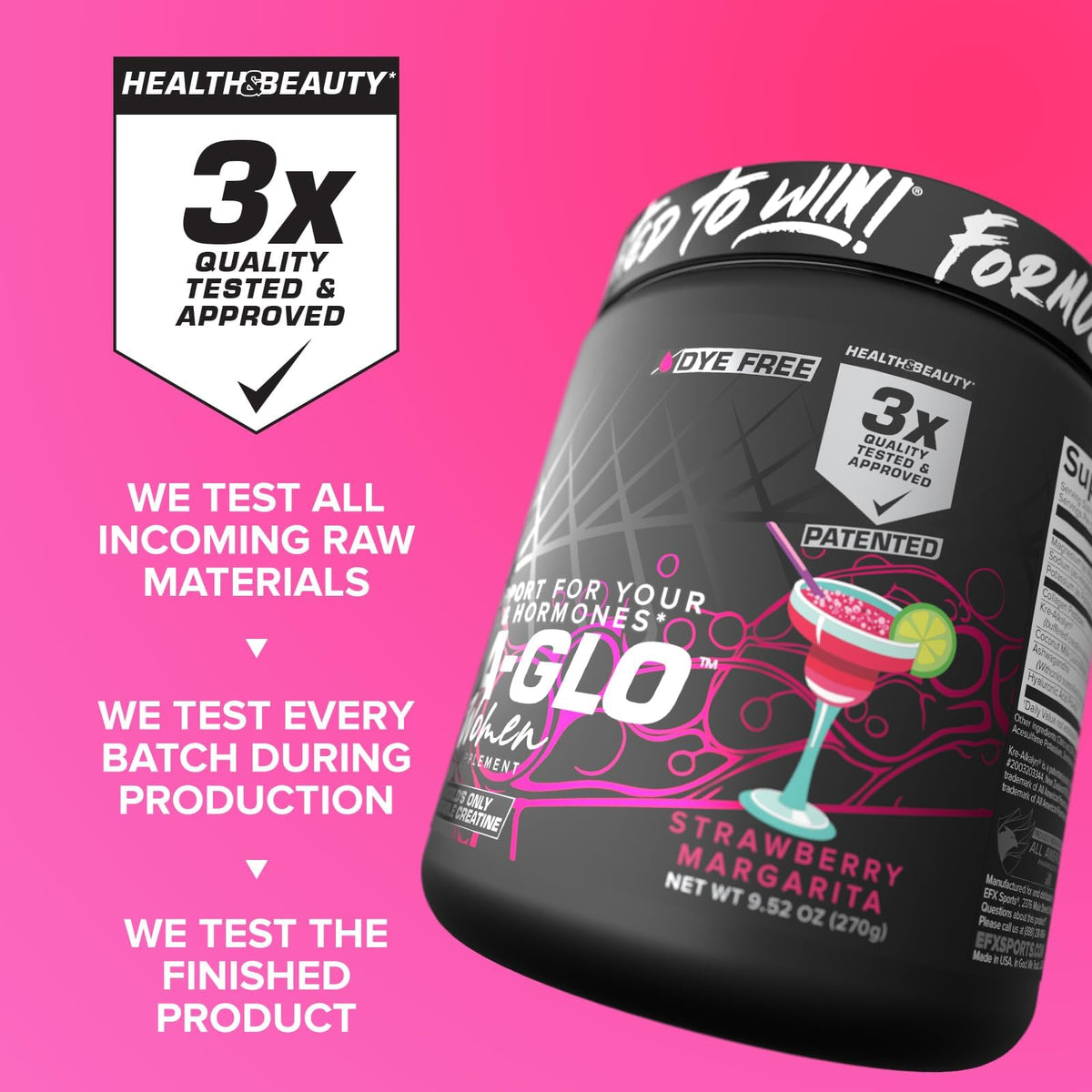 EFX Sports Kre-A-Glo Créatine dans une main avec un verre d'eau