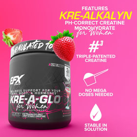 EFX Sports Kre-A-Glo Créatine sur un plan de travail avec fruits