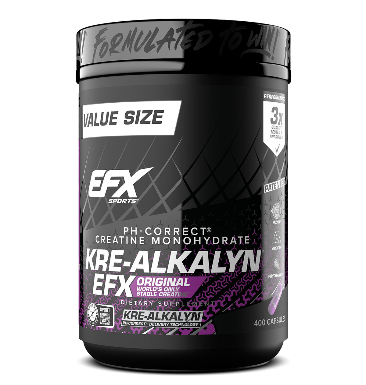 EFX Sports Kre-Alkalyn EFX 400 capsules, vue de face.