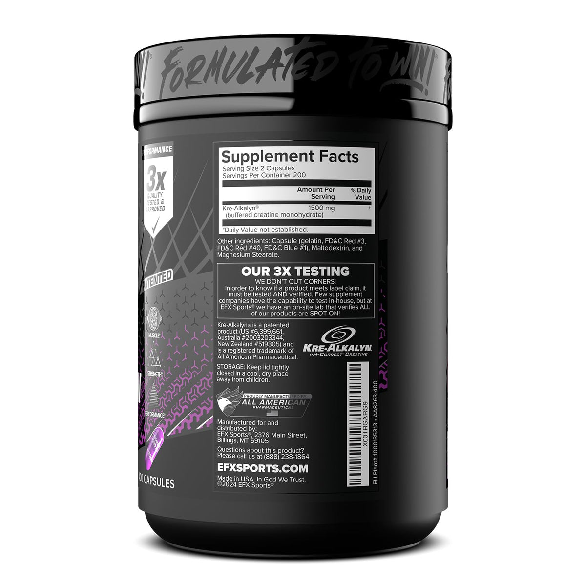 EFX Sports Kre-Alkalyn EFX, capsules dans un récipient.