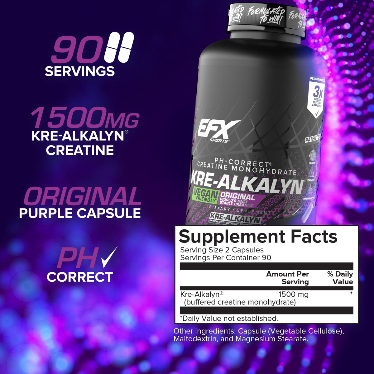 EFX Sports Kre-Alkalyn EFX capsules végétales sur une table